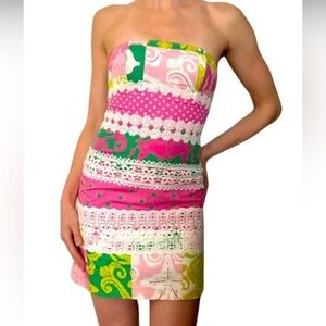 Lilly Pulitzer Strapless Floral SZ 0 Pink and Green Mini Dress for Vibrant Style